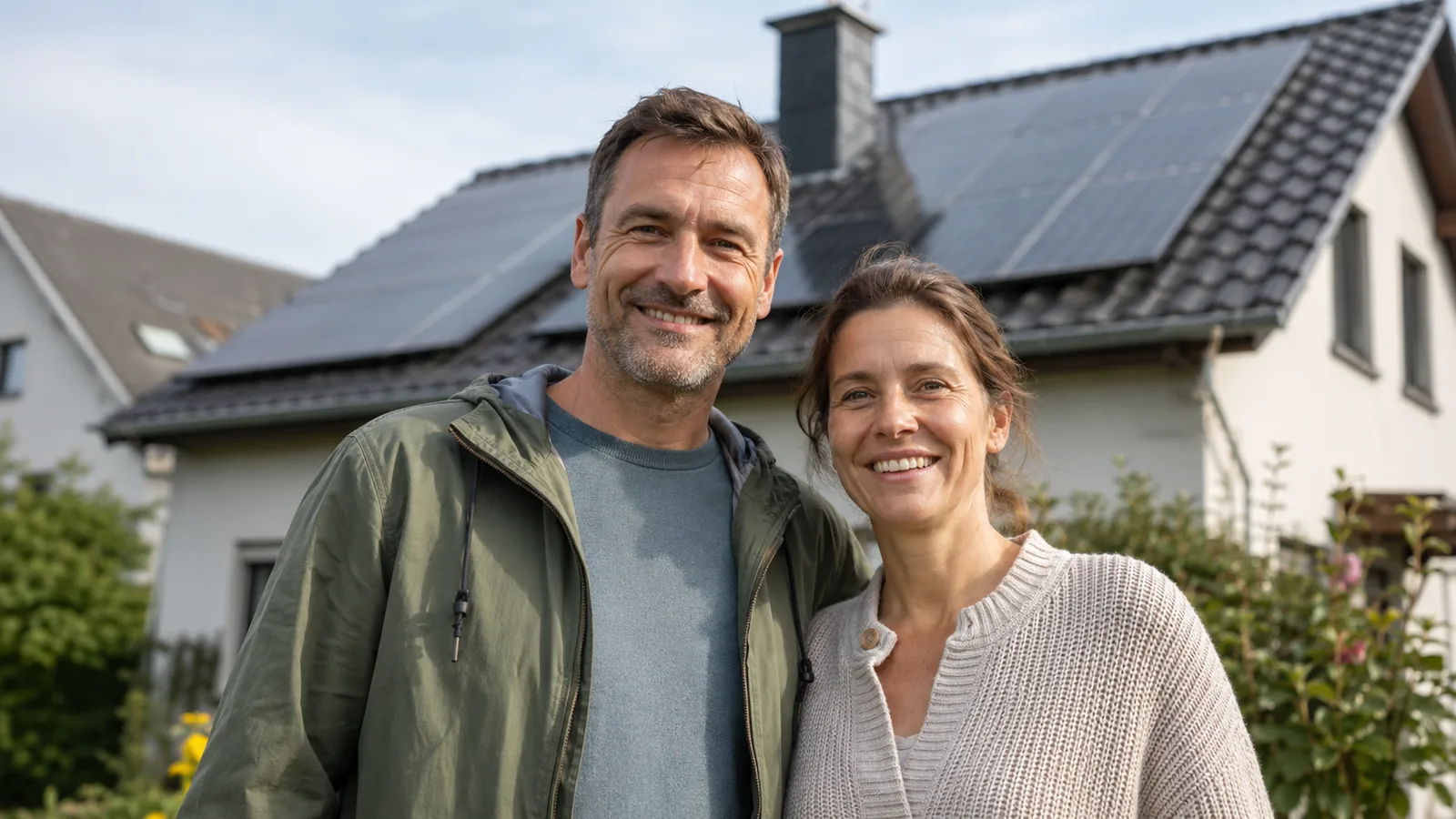 Zufriedenes Paar vor seinem Eigenheim mit Photovoltaikanlage in Dresden